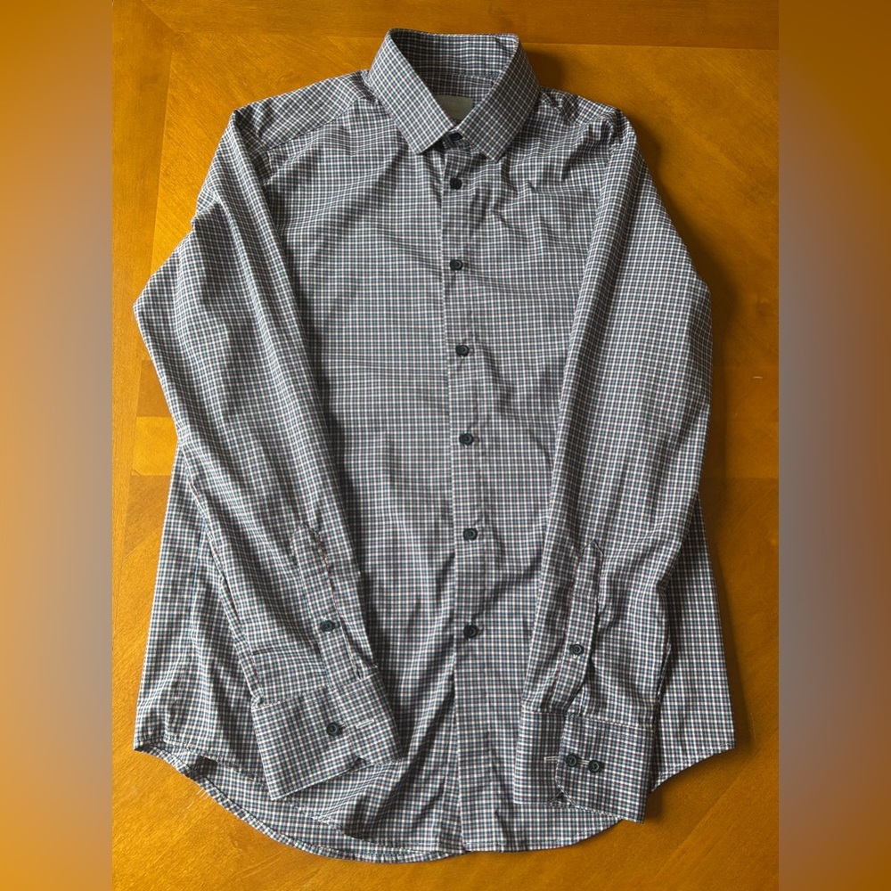 PERRY ELLIS Portfolio Men's Slim Fit Tech Shirt Maroon Blue Checkered Size 16